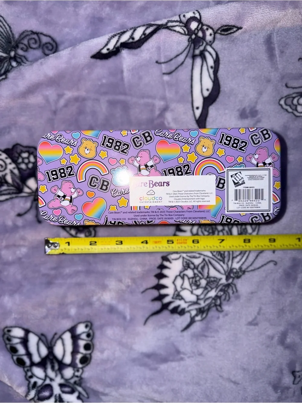 Y2K Care Bears Purple Tin Pencil Box Retro 1982 Stationery